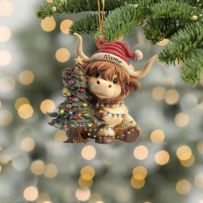 Highland Cow With Christmas Tree - Personalized Acrylic Ornament