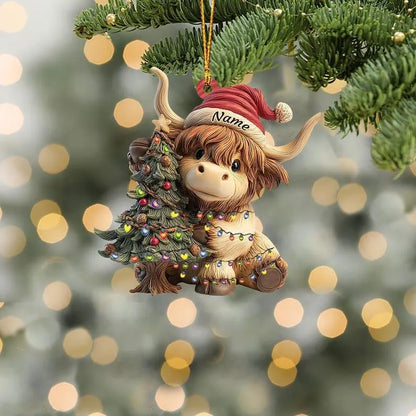 Highland Cow With Christmas Tree - Personalized Acrylic Ornament