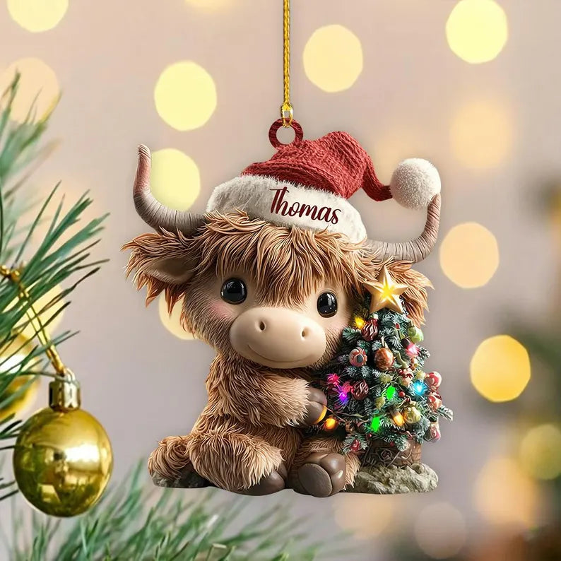 Personalized Cute Highland Cow Christmas Ornament