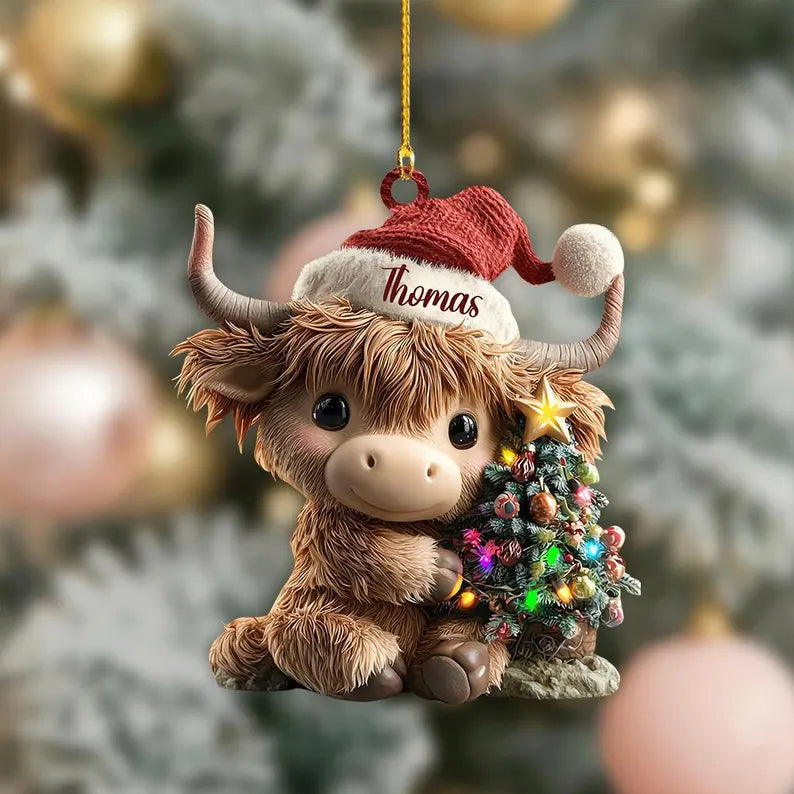 Personalized Cute Highland Cow Christmas Ornament