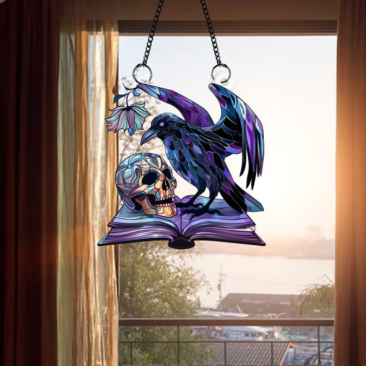 Raven Acrylic Window Decor, Skull Acrylic Bird Window Hangings Art Decoration, Book Lover Gift, Halloween Gift, House Decor