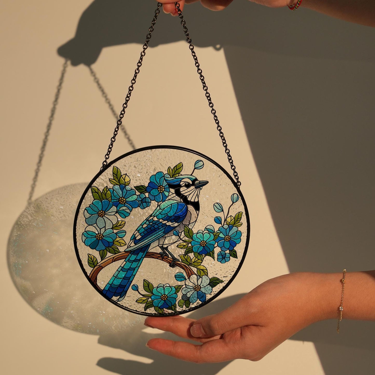 Blue Jay On Branch Stained Glass Suncatcher