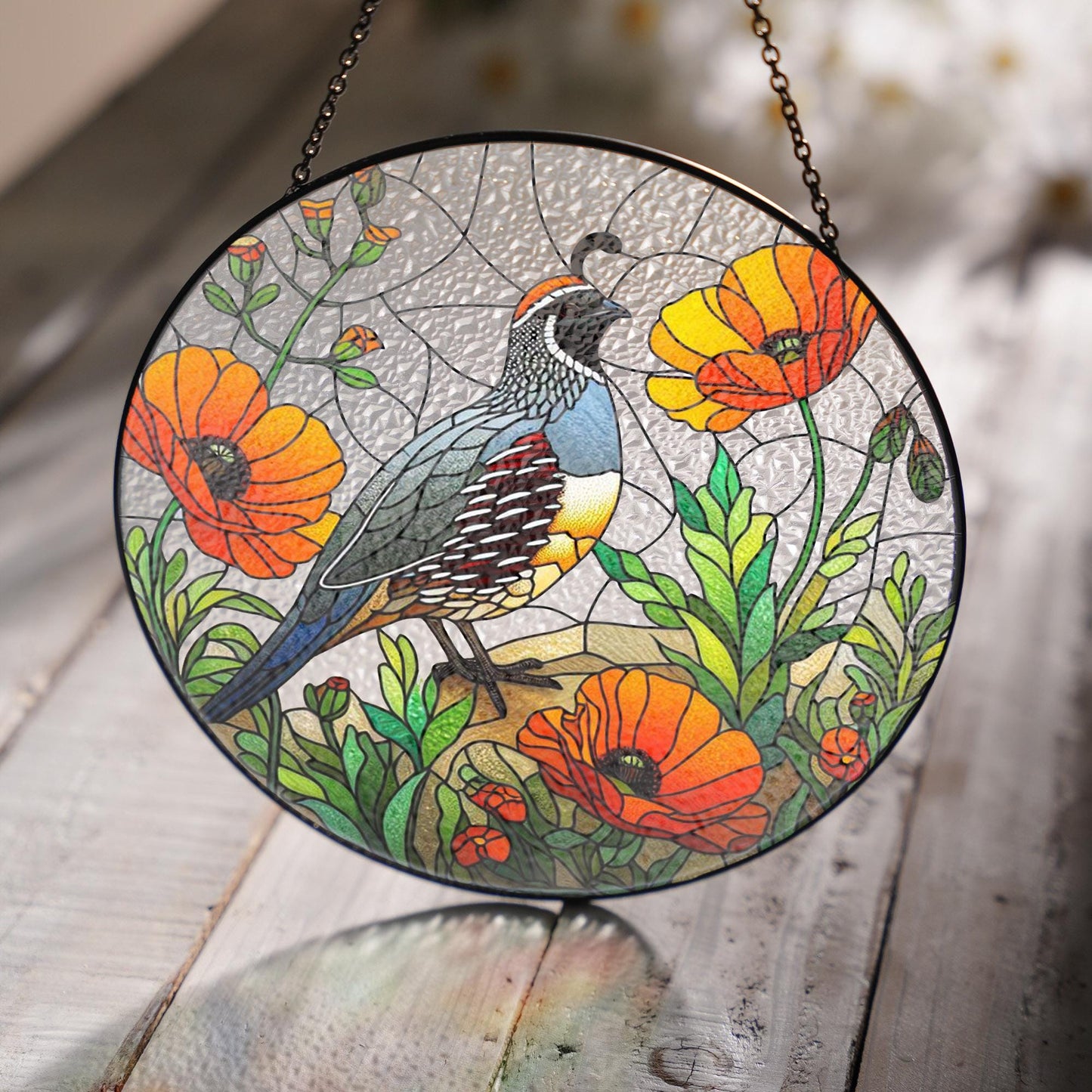 California Quail On Poppies Branch Stained Glass Suncatcher