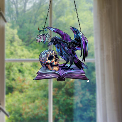 Raven Acrylic Window Decor, Skull Acrylic Bird Window Hangings Art Decoration, Book Lover Gift, Halloween Gift, House Decor
