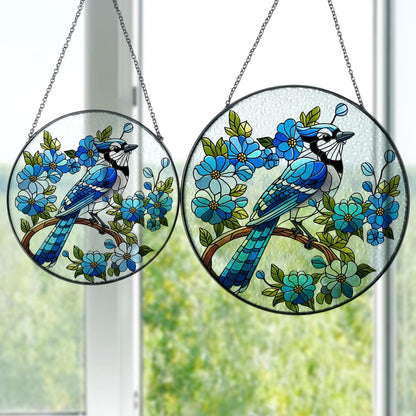 Blue Jay On Branch Stained Glass Suncatcher