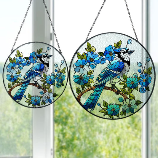 Blue Jay On Branch Stained Glass Suncatcher