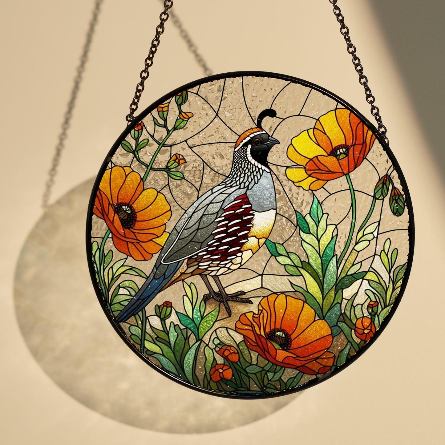 California Quail On Poppies Branch Stained Glass Suncatcher