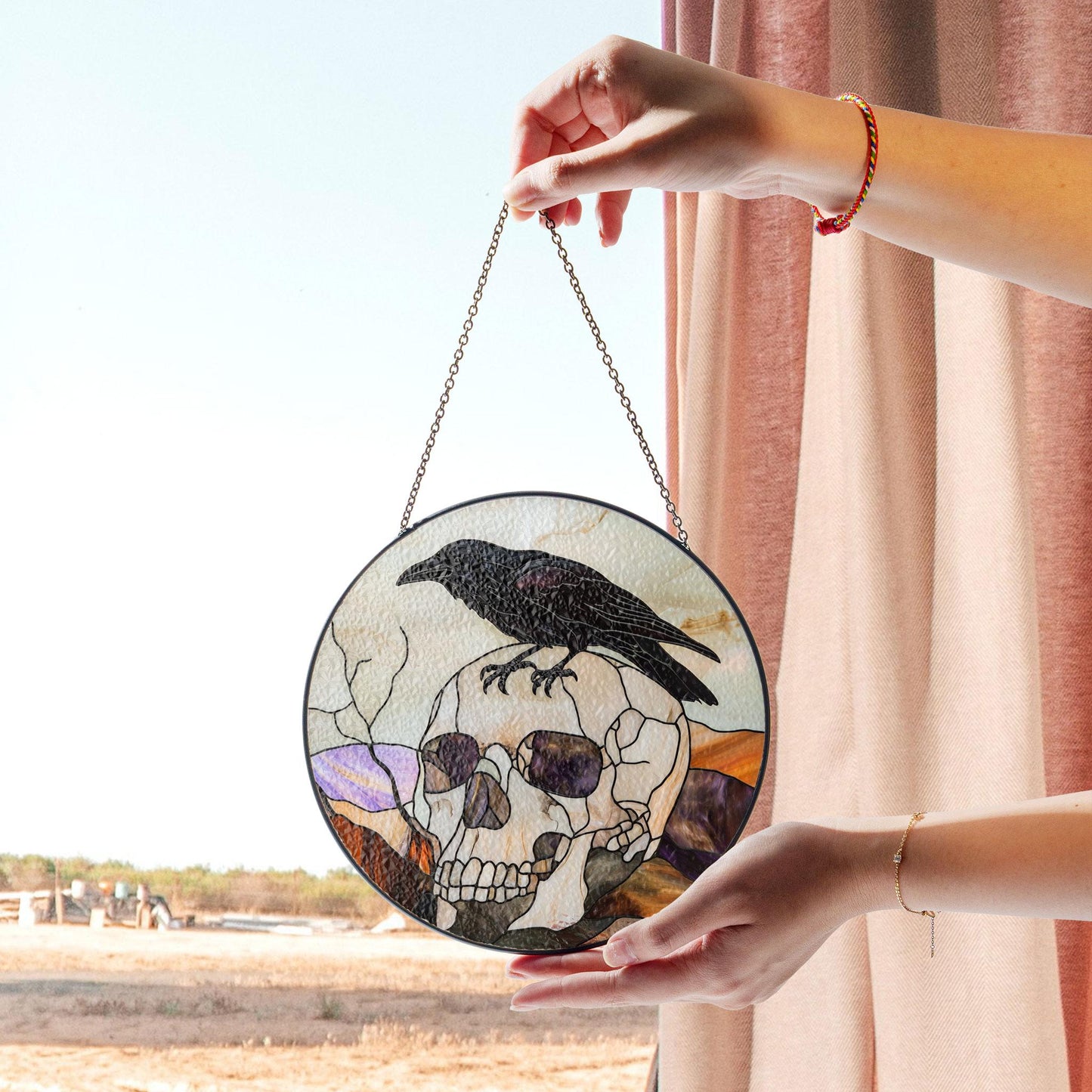 Raven on Skull Stained Glass - Gothic Home Decor