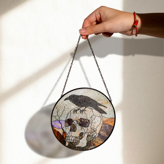 Raven on Skull Stained Glass - Gothic Home Decor
