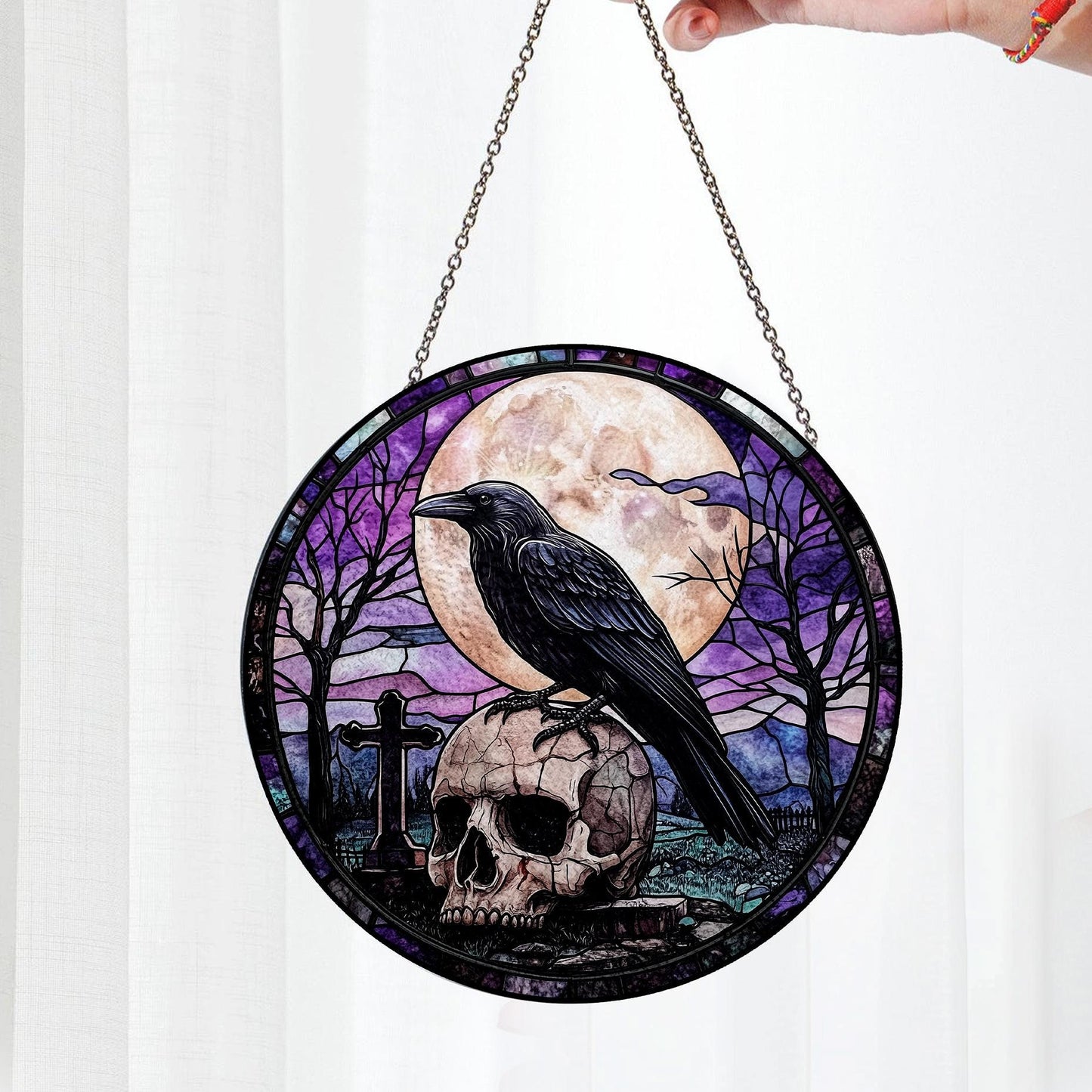 Crow on Skull Stained Glass Suncatcher, Moon&crow Stained Glass Suncatcher