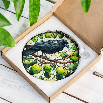 Raven Perch on the Malus Stained Glass Suncatcher