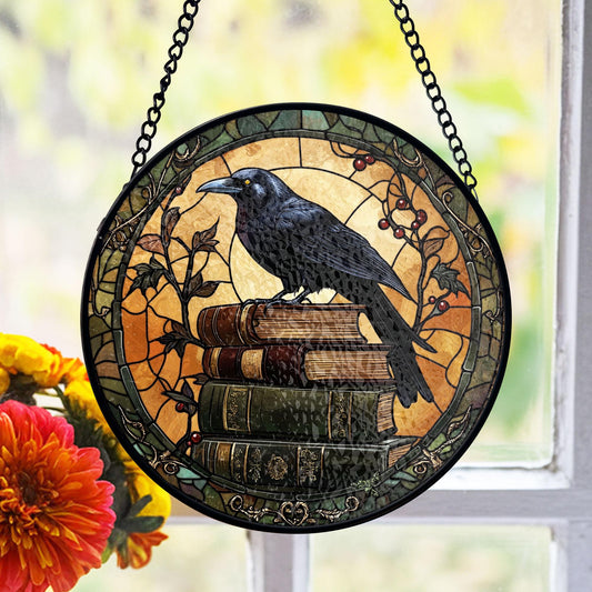 Raven Stained Glass Suncatcher, Dark Book Stack Decor