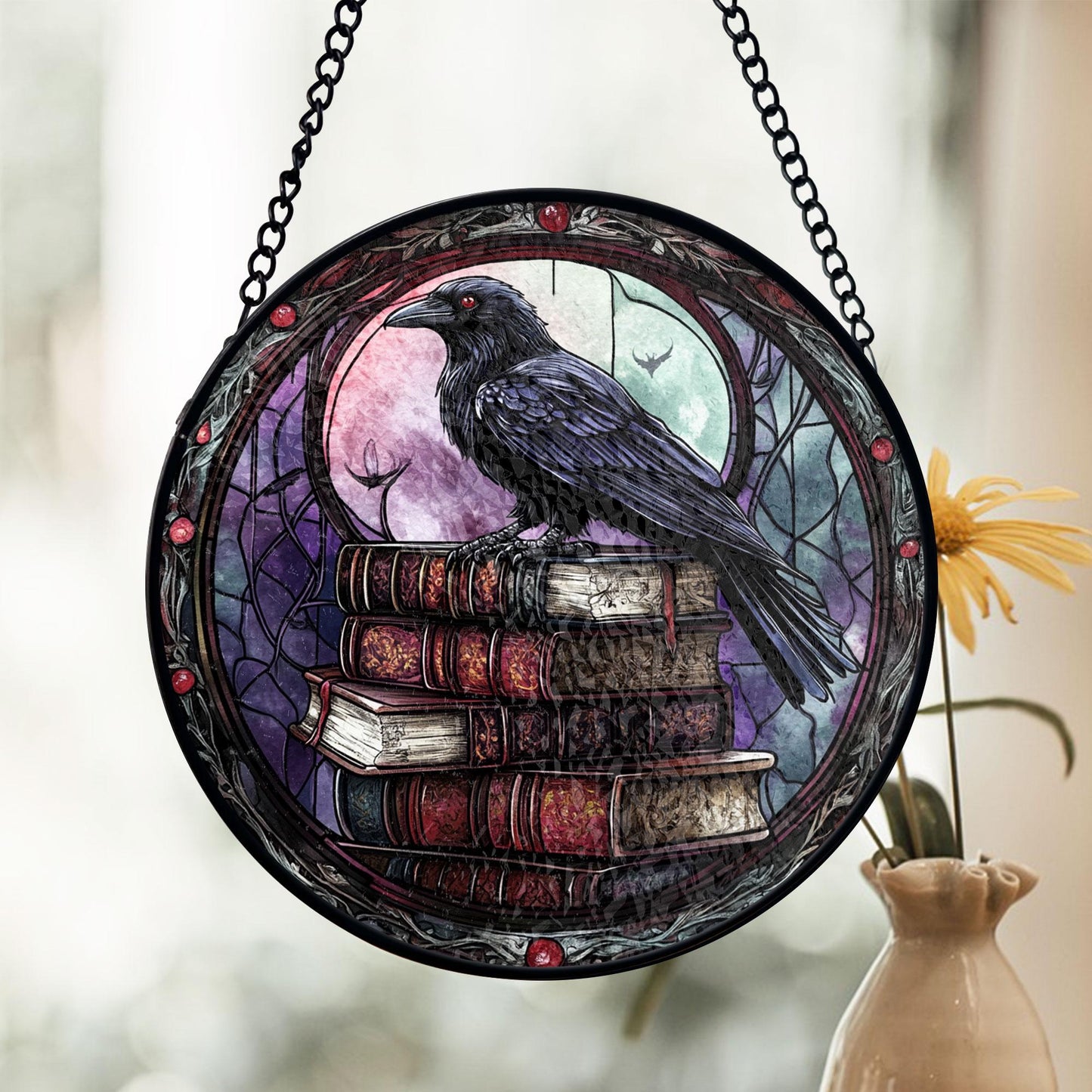 Raven Stained Glass Suncatcher, Gothic Book Stack Decor