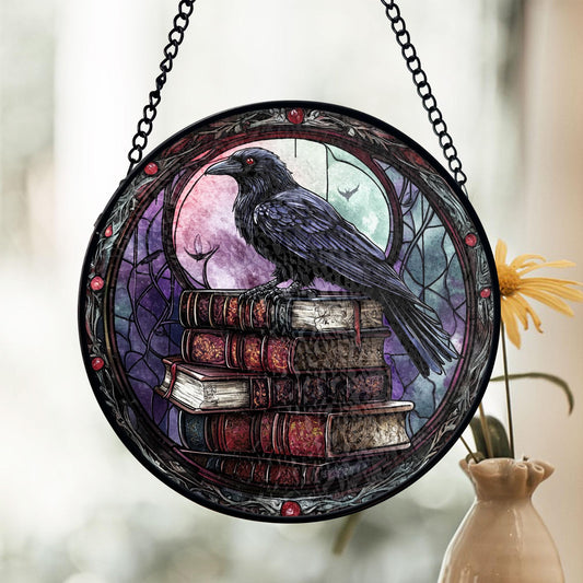 Raven Stained Glass Suncatcher, Gothic Book Stack Decor