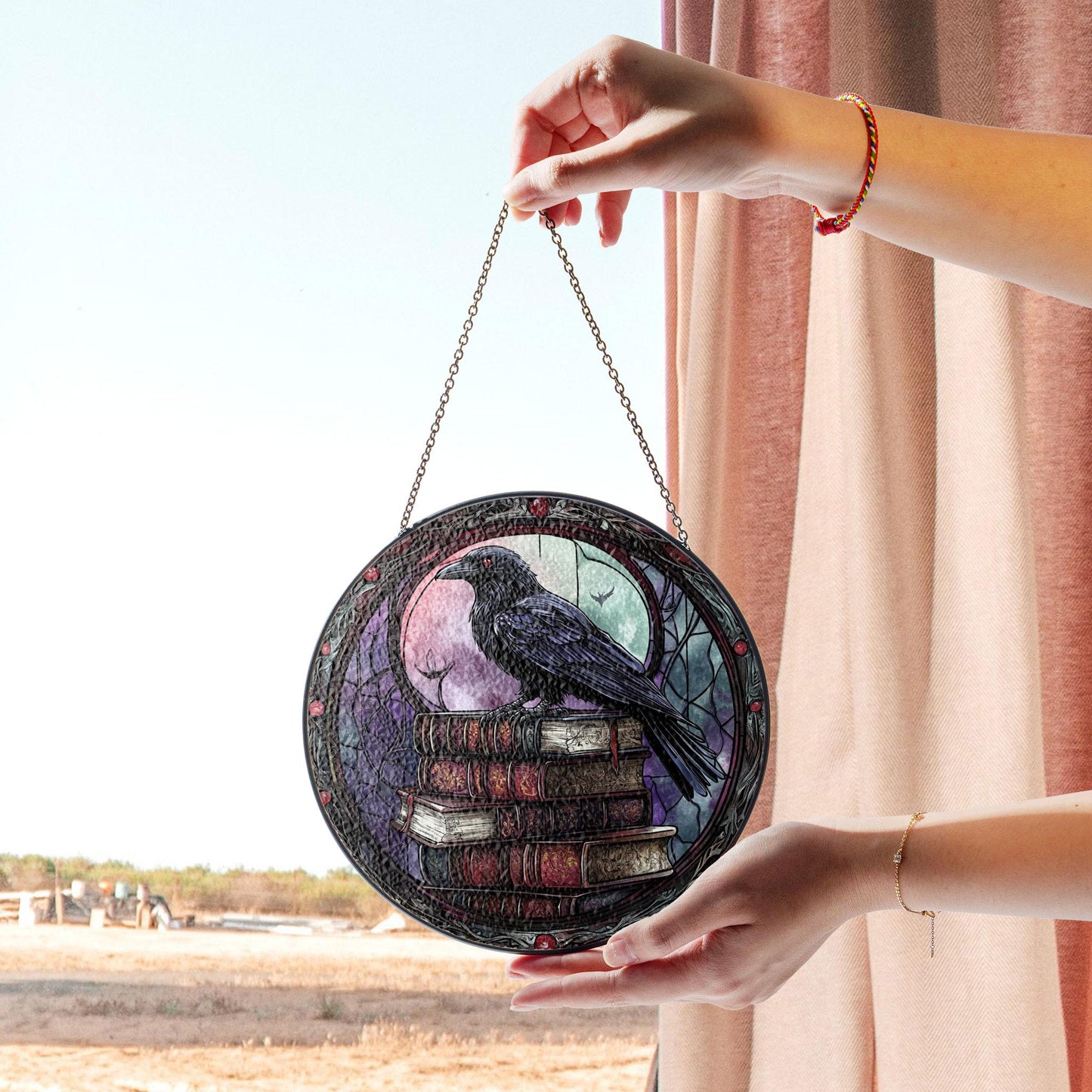 Raven Stained Glass Suncatcher, Gothic Book Stack Decor