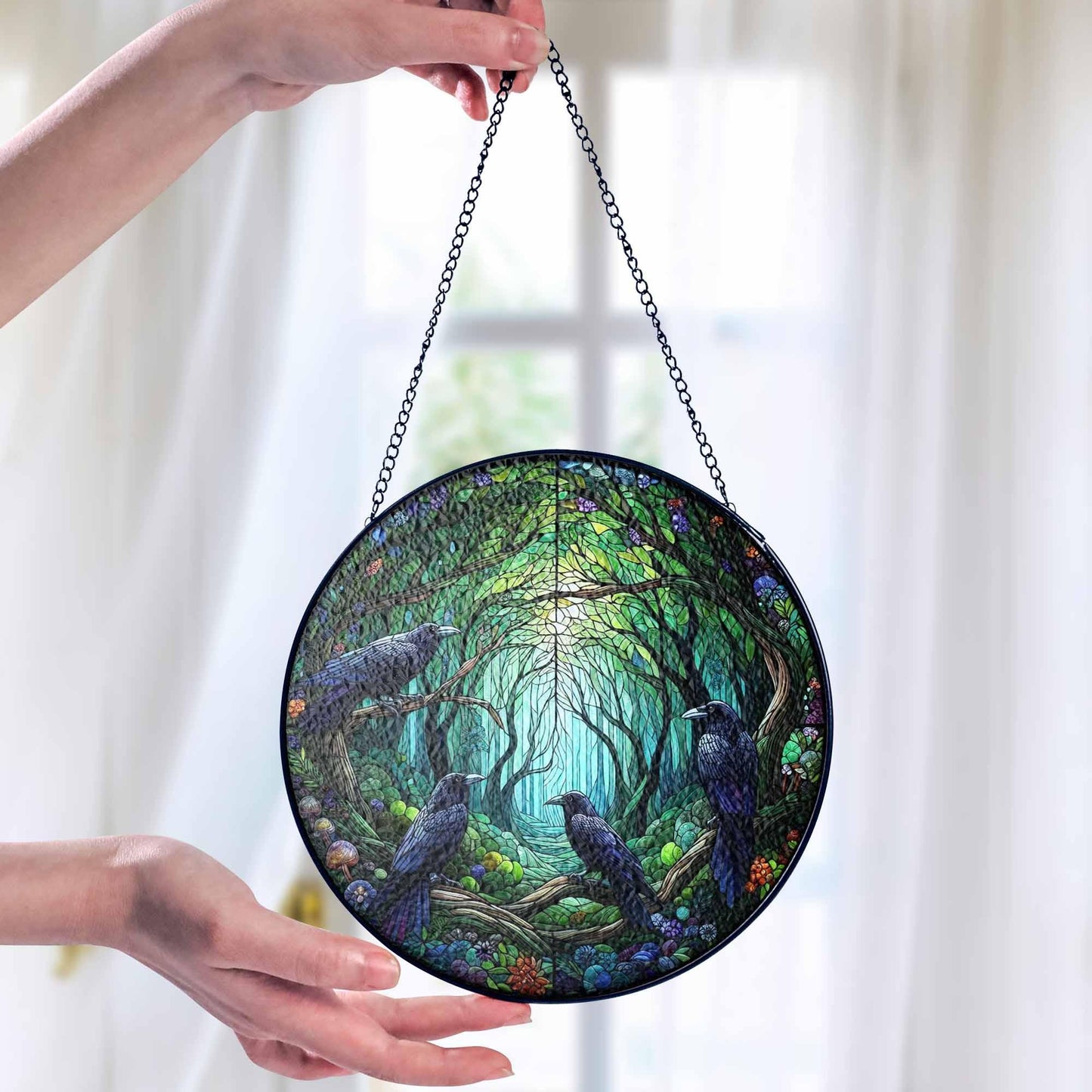 Four Ravens on Branch Stained Glass Suncatcher, Raven Lover Gift, Home Decor