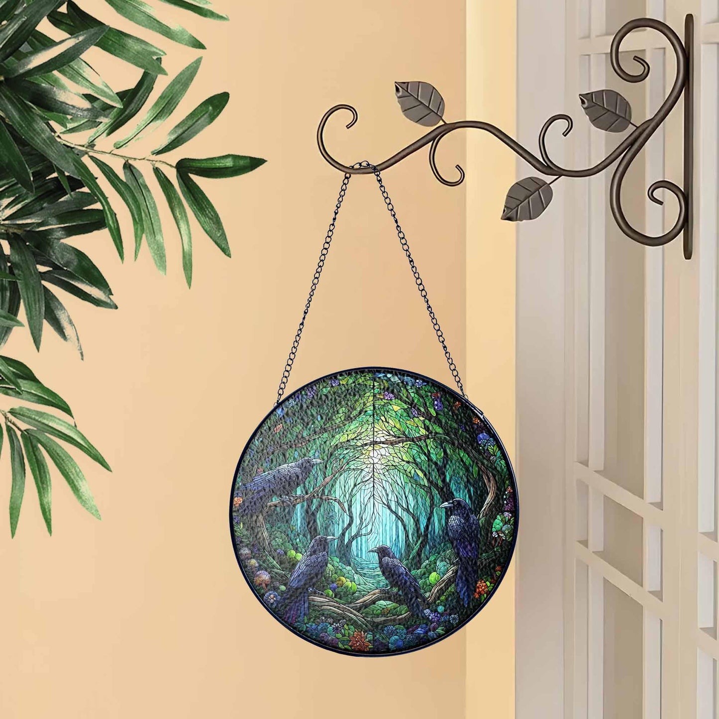 Four Ravens on Branch Stained Glass Suncatcher, Raven Lover Gift, Home Decor
