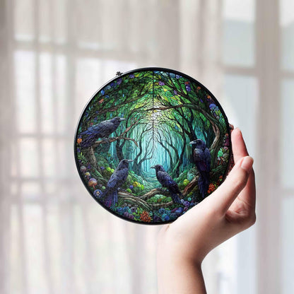 Four Ravens on Branch Stained Glass Suncatcher, Raven Lover Gift, Home Decor