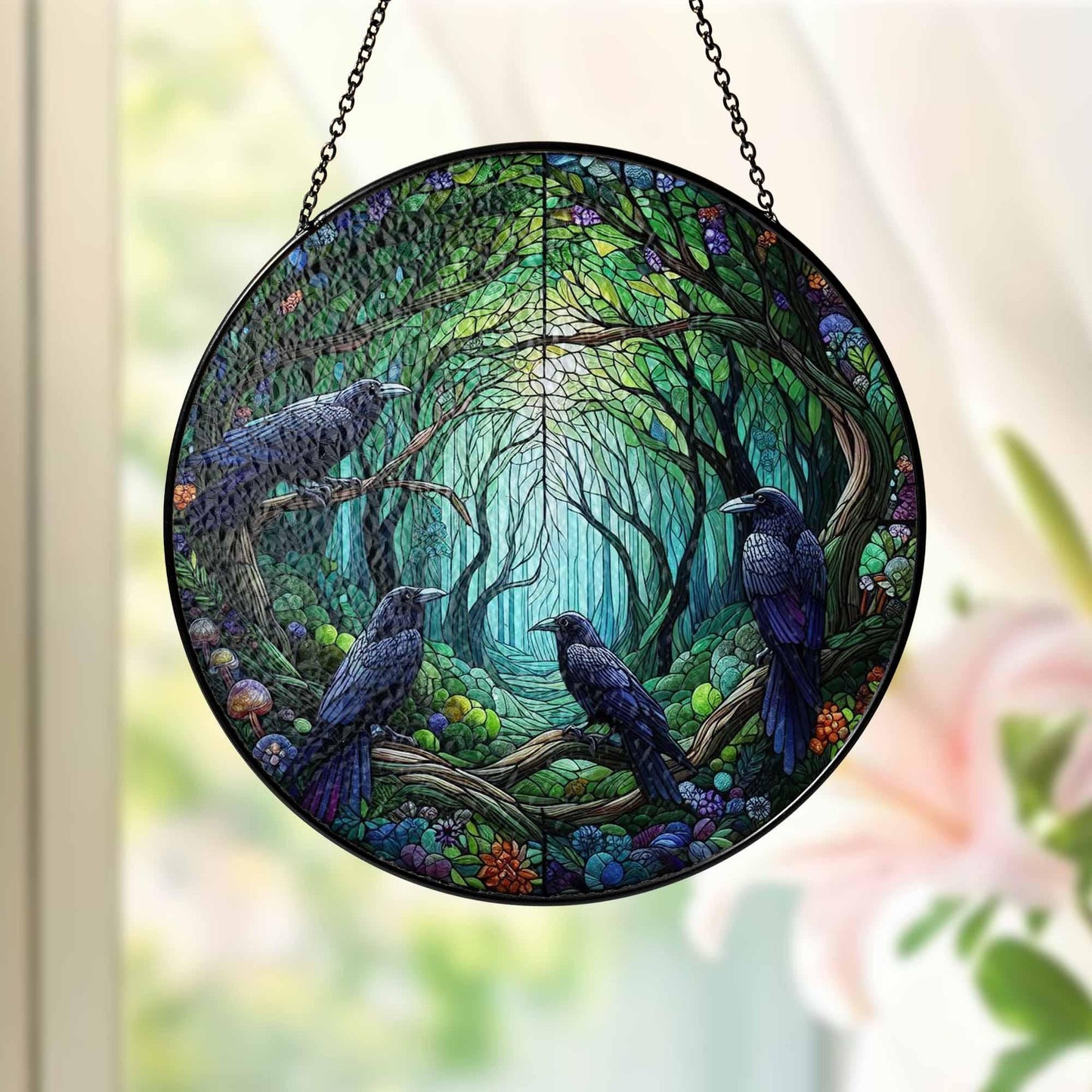 Four Ravens on Branch Stained Glass Suncatcher, Raven Lover Gift, Home Decor