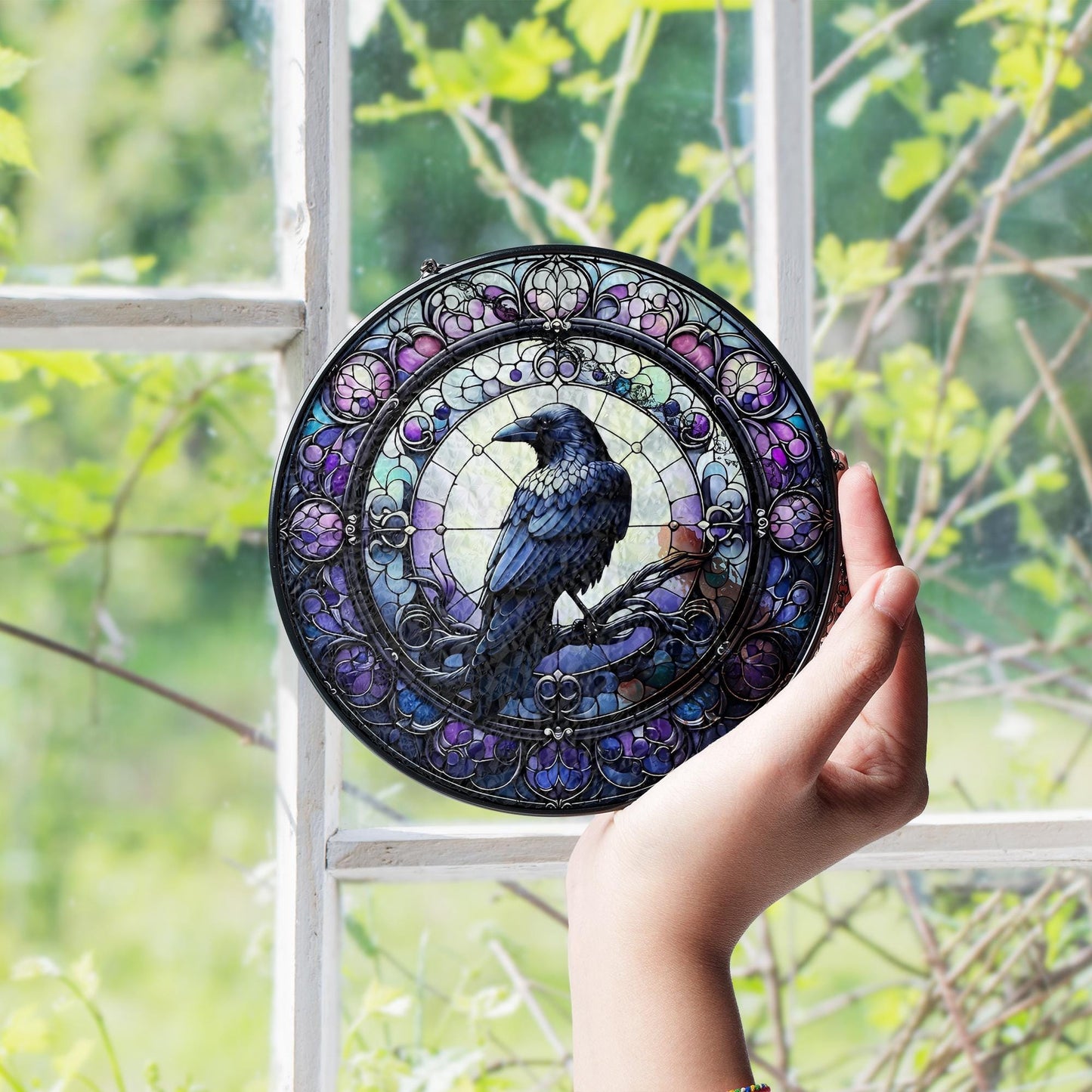 Raven Stained Glass Suncatcher, Gothic Crow Window Decor