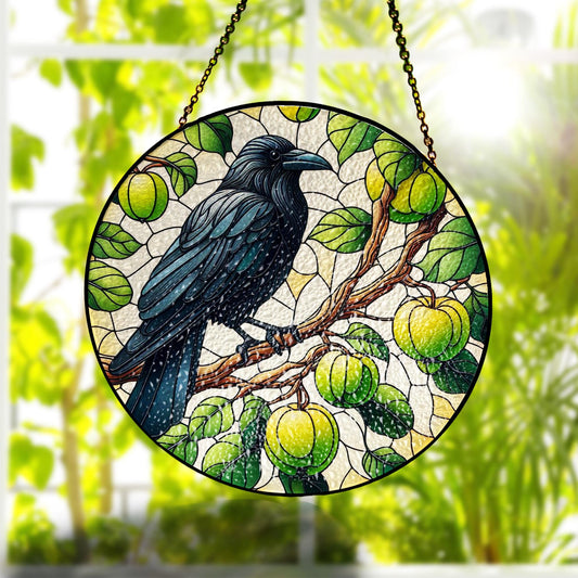 Raven Perch on the Malus Stained Glass Suncatcher