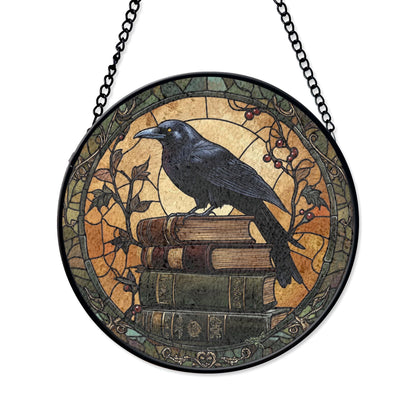 Raven Stained Glass Suncatcher, Dark Book Stack Decor