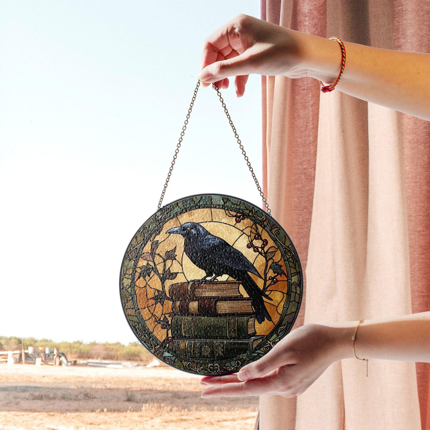 Raven Stained Glass Suncatcher, Dark Book Stack Decor