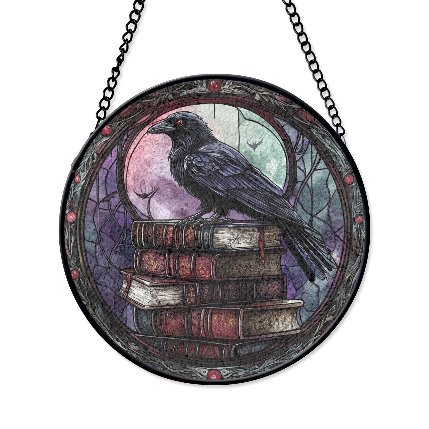 Raven Stained Glass Suncatcher, Gothic Book Stack Decor