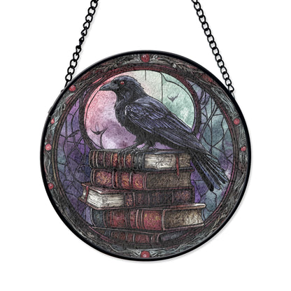 Raven Stained Glass Suncatcher, Gothic Book Stack Decor