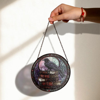 Raven Stained Glass Suncatcher, Gothic Book Stack Decor