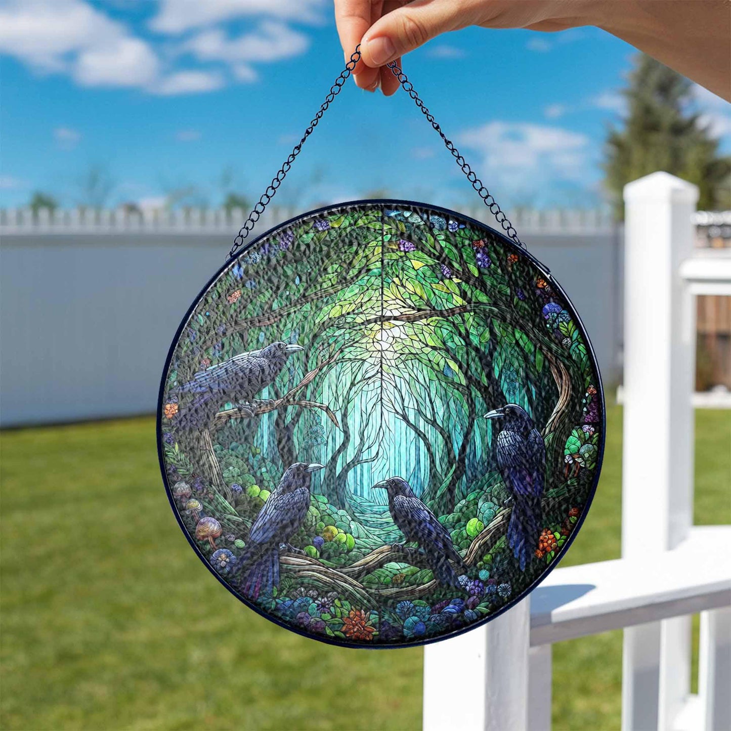 Four Ravens on Branch Stained Glass Suncatcher, Raven Lover Gift, Home Decor