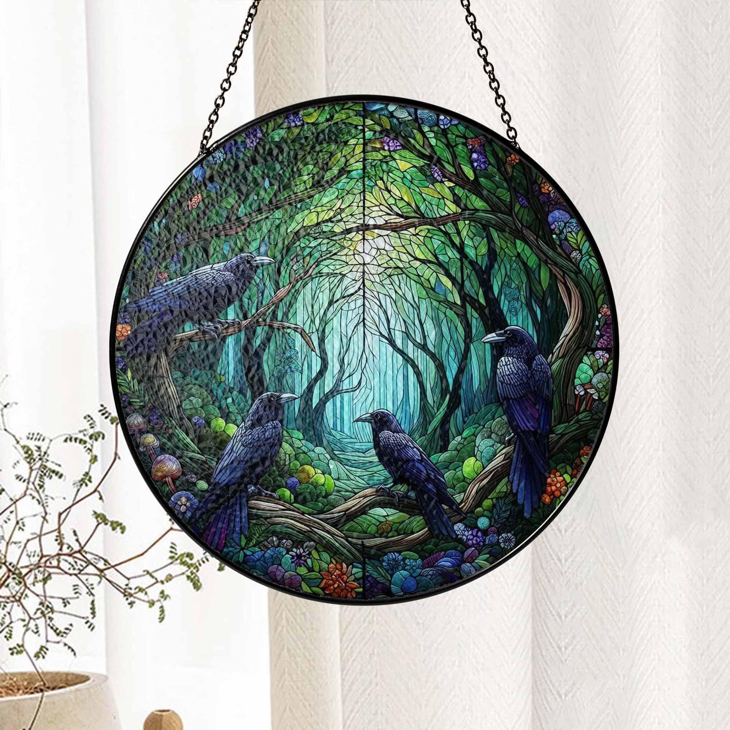 Four Ravens on Branch Stained Glass Suncatcher, Raven Lover Gift, Home Decor