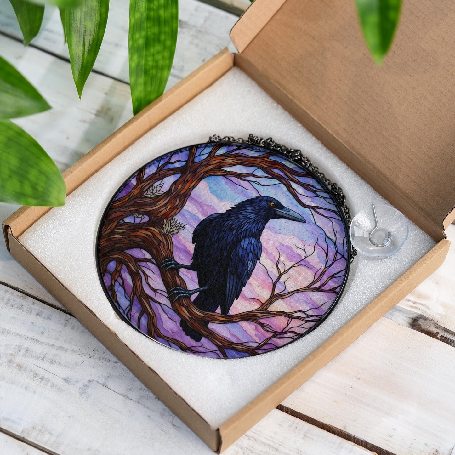 Winter Raven Stained Glass Suncatcher, Raven Window Hanging, Gothic Crow Suncatcher
