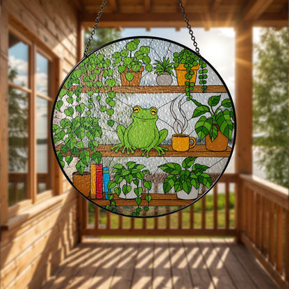 Frog On Bookshelf Stained Glass Suncatcher