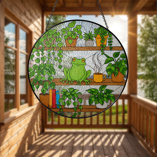 Frog On Bookshelf Stained Glass Suncatcher