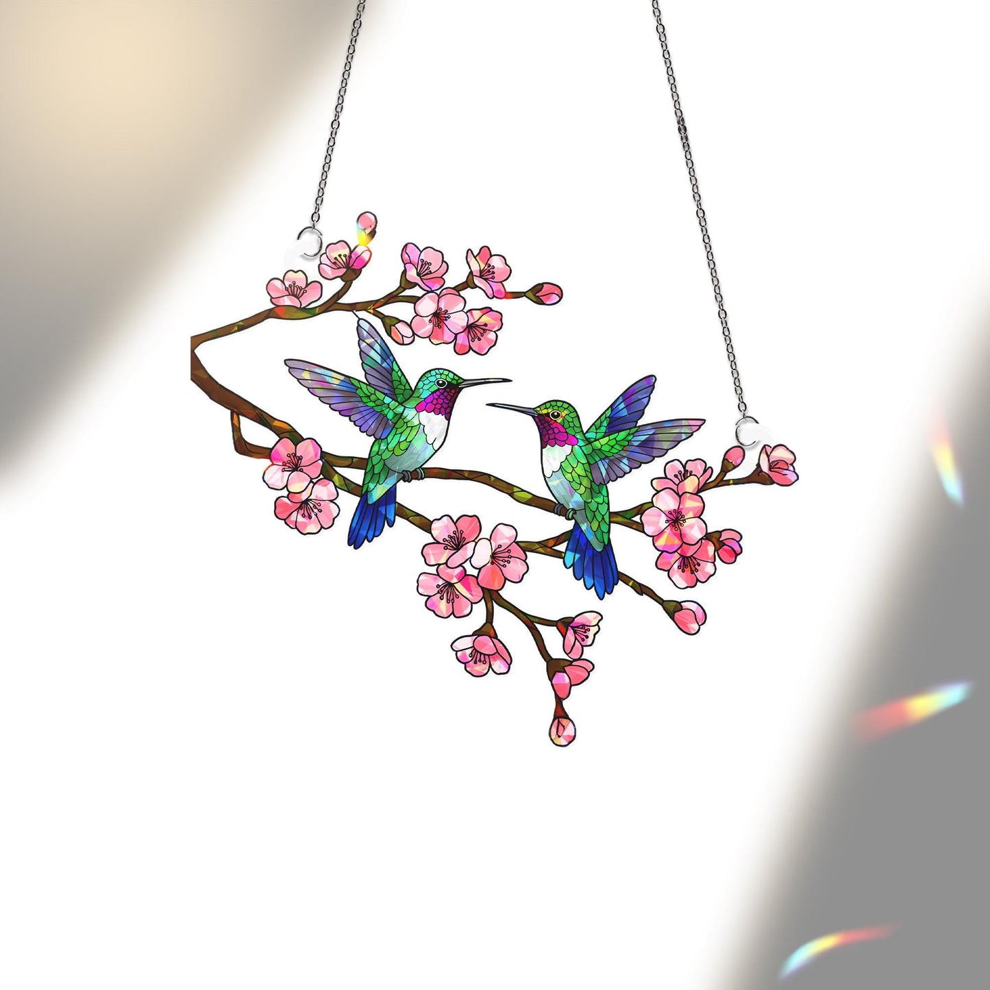Hummingbird Couple Flower Stained Glass Suncatcher