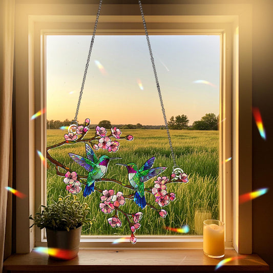 Hummingbird Couple Flower Stained Glass Suncatcher