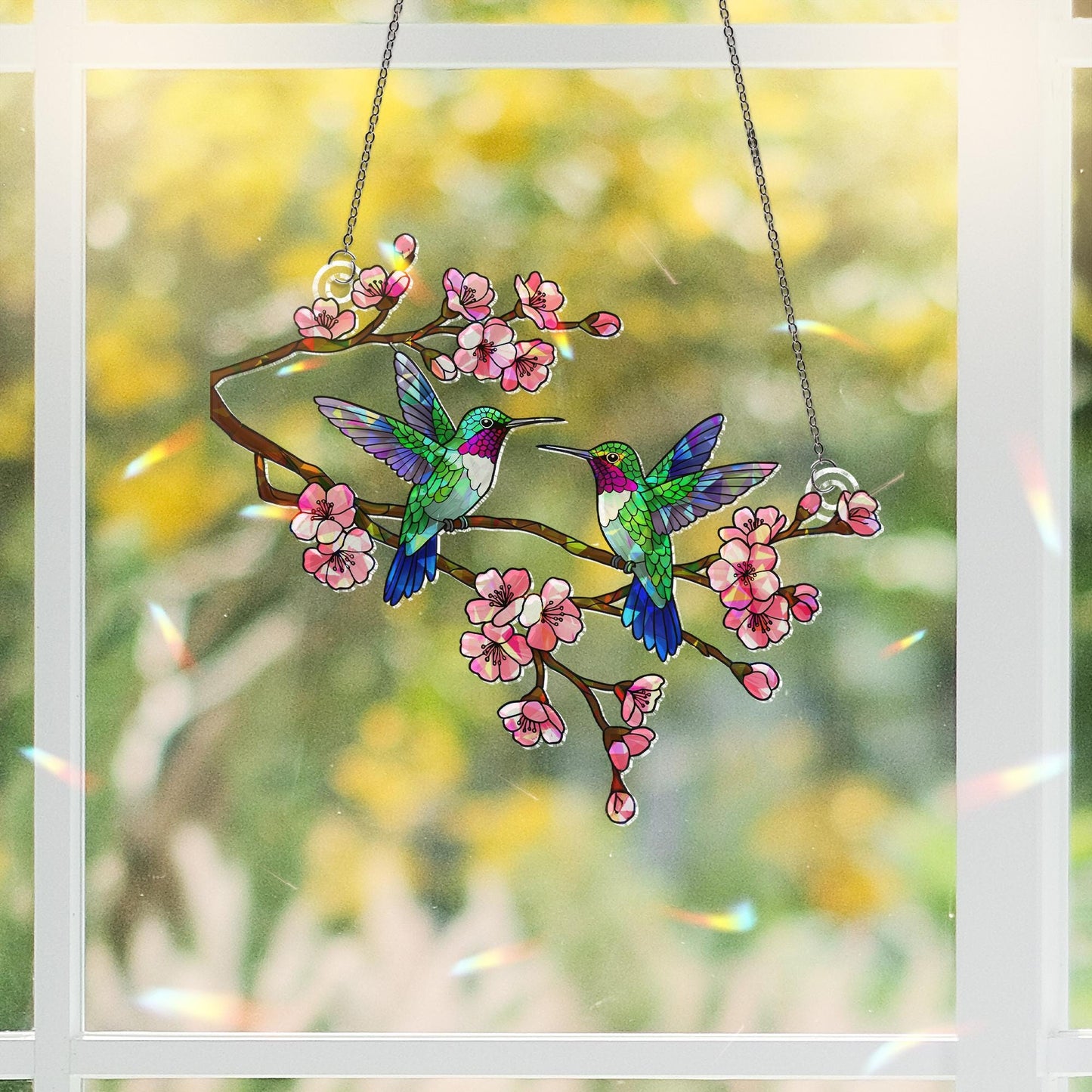 Hummingbird Couple Flower Stained Glass Suncatcher