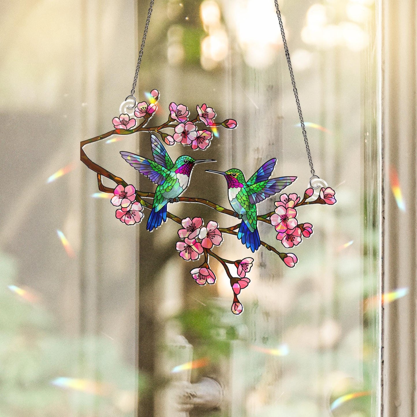 Hummingbird Couple Flower Stained Glass Suncatcher