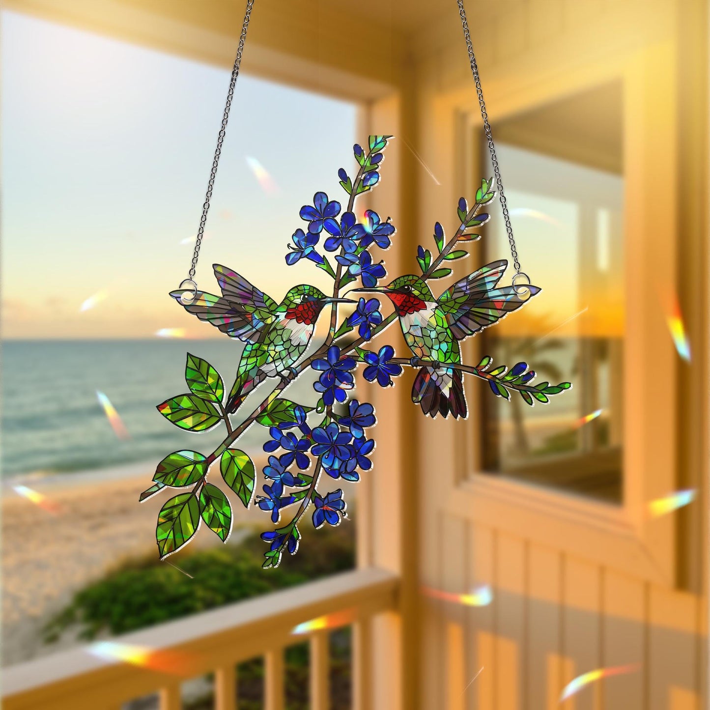 Hummingbird Couple Stained Glass Suncatcher