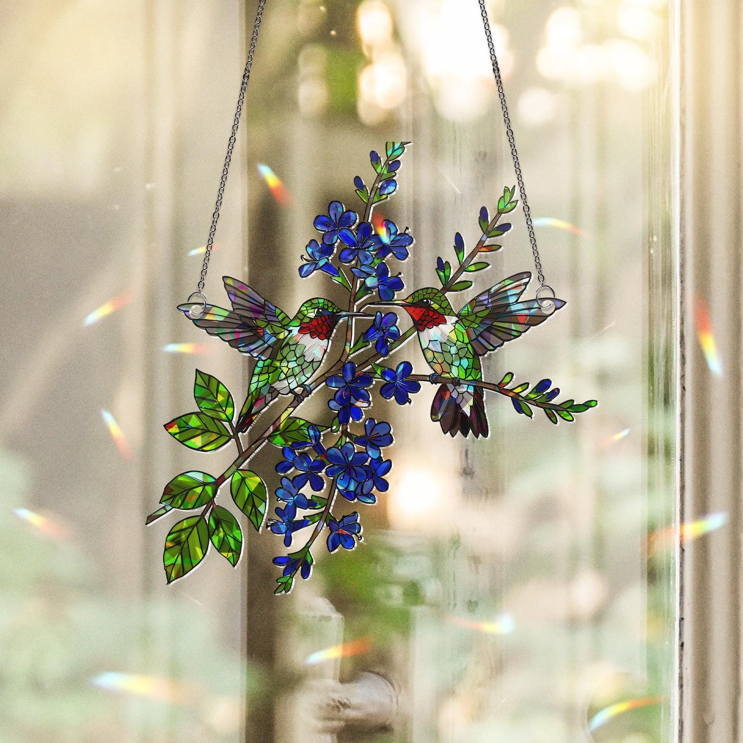 Hummingbird Couple Stained Glass Suncatcher