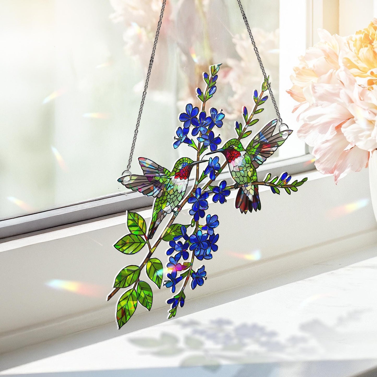 Hummingbird Couple Stained Glass Suncatcher