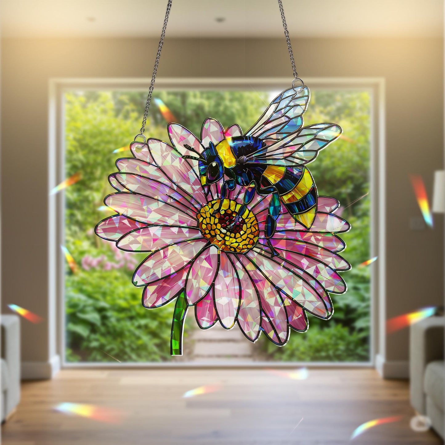 Bee and Daisy Stained Glass Suncatcher
