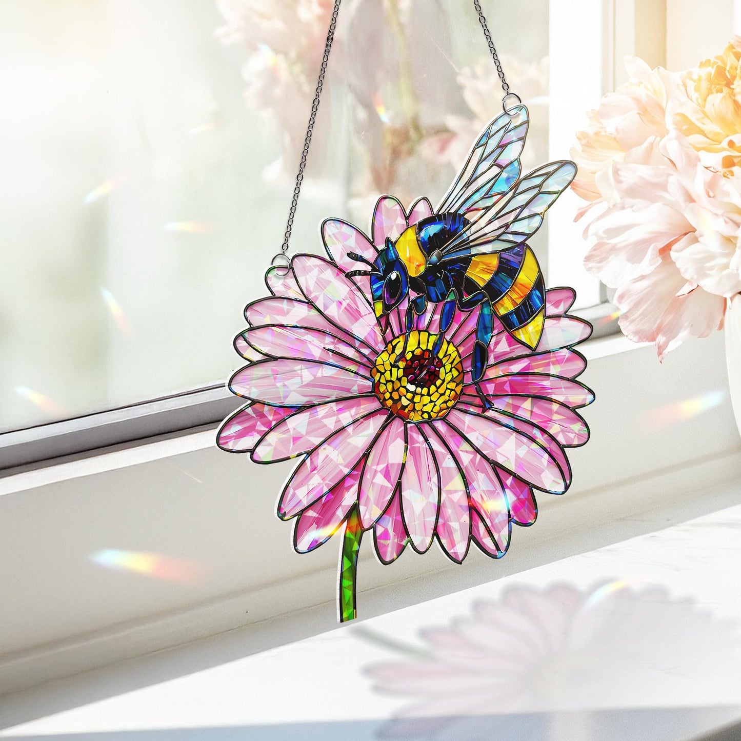 Bee and Daisy Stained Glass Suncatcher