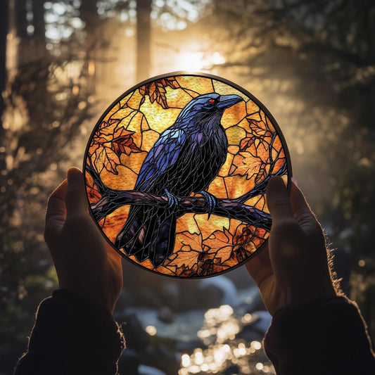 Black Raven Stained Glass Suncatcher, Gothic Crow Window Hangings for House