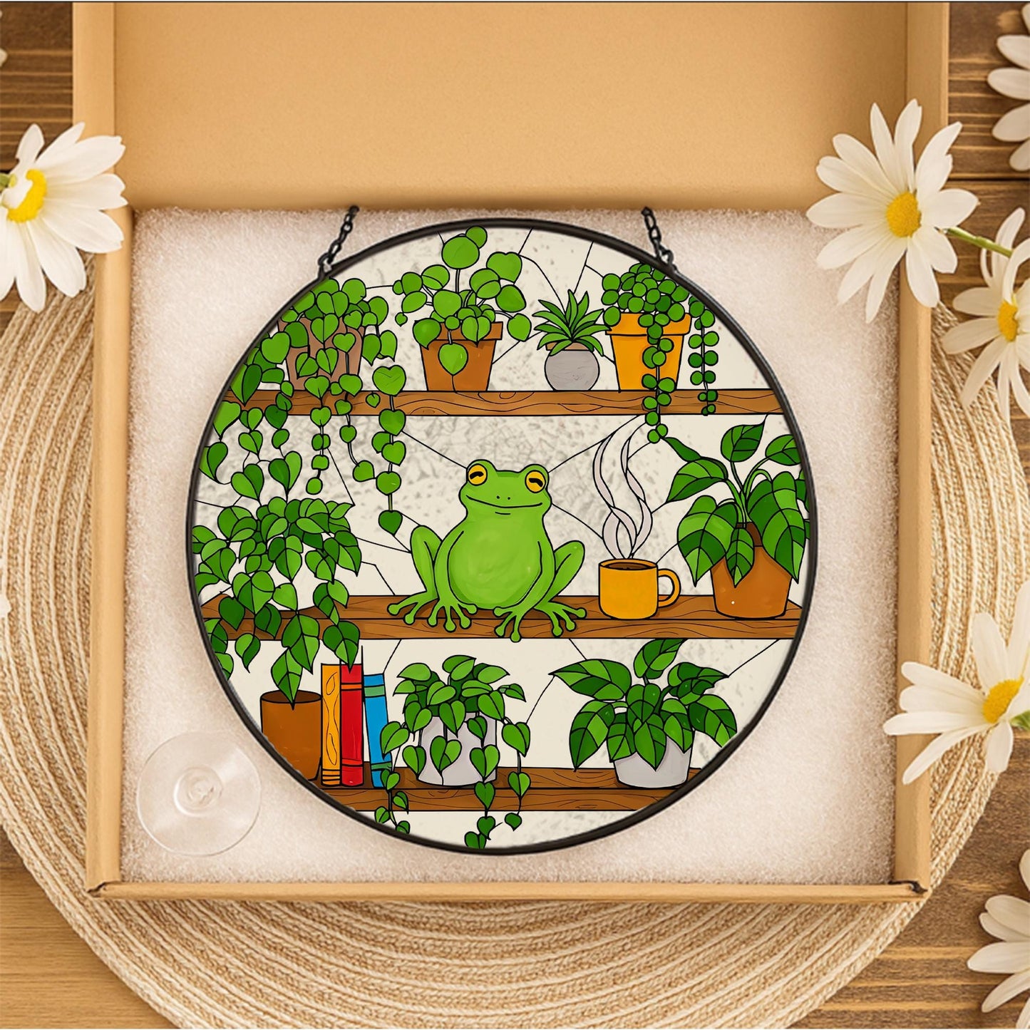 Frog On Bookshelf Stained Glass Suncatcher