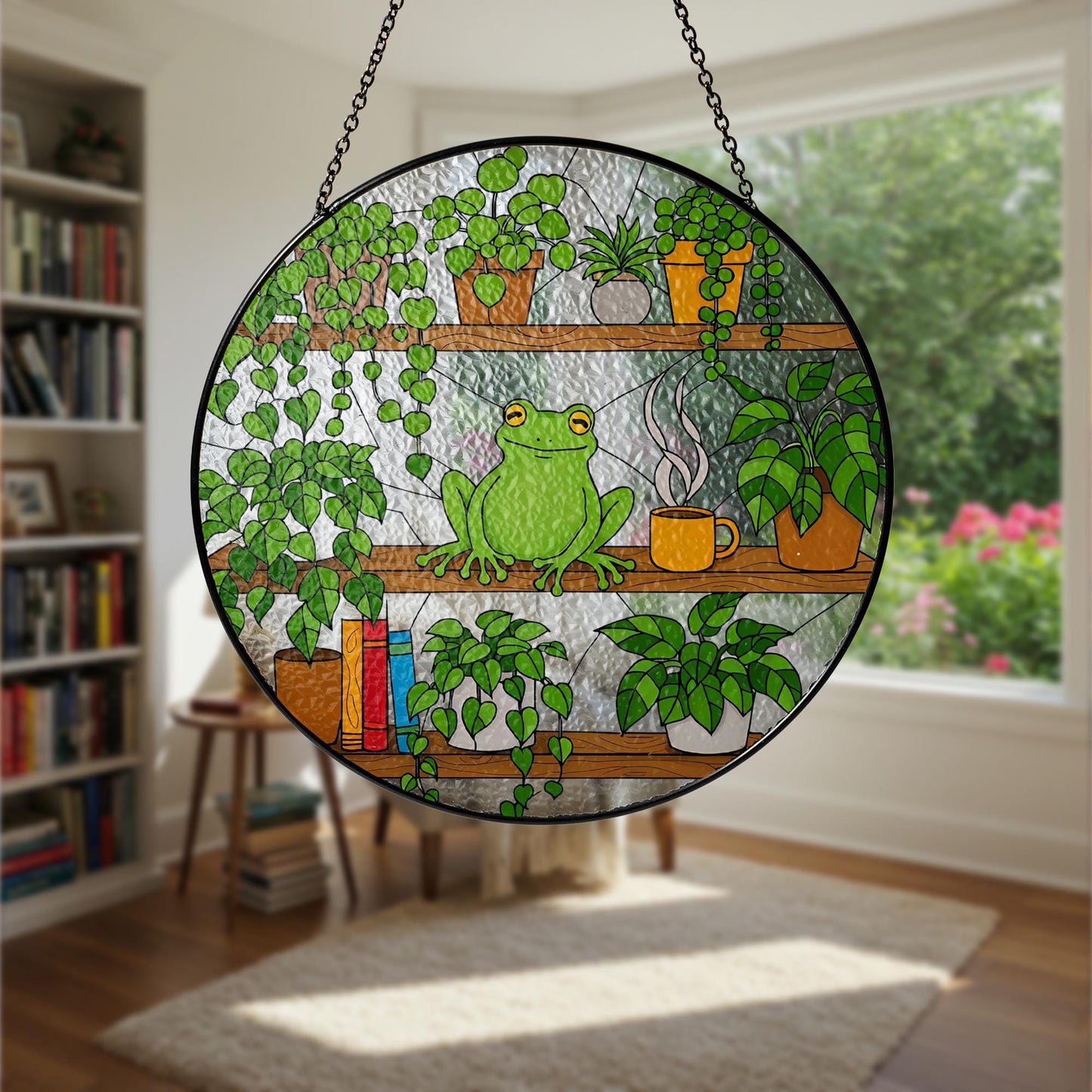 Frog On Bookshelf Stained Glass Suncatcher