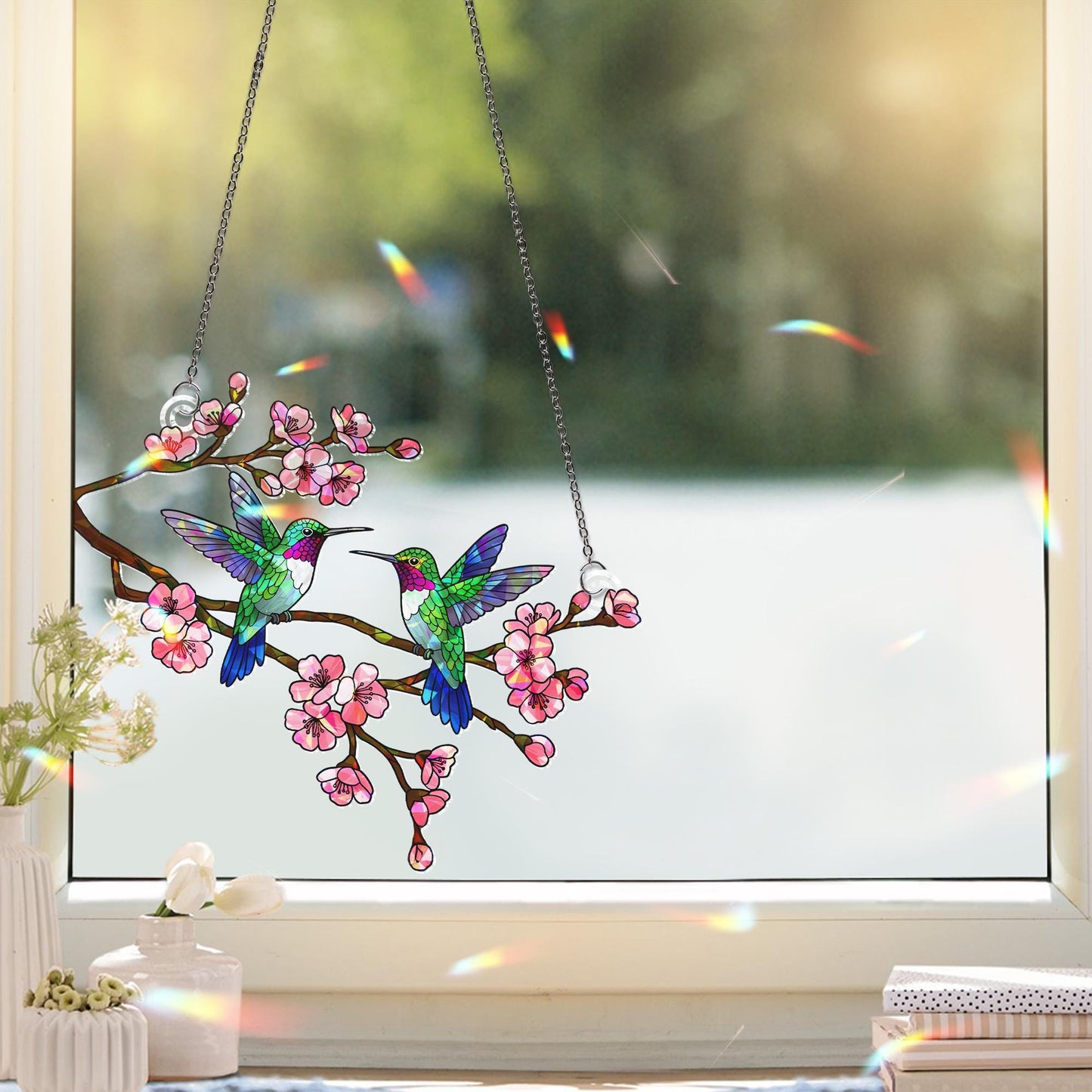 Hummingbird Couple Flower Stained Glass Suncatcher