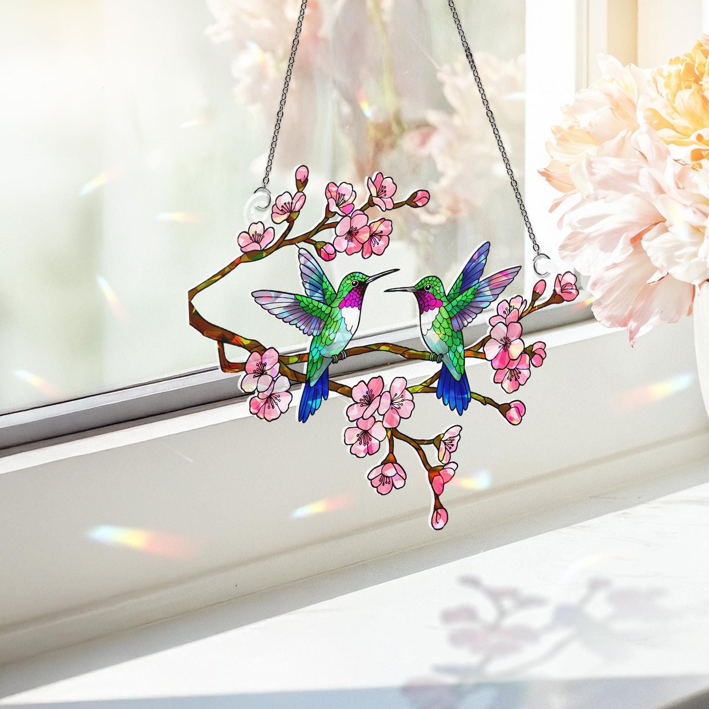 Hummingbird Couple Flower Stained Glass Suncatcher