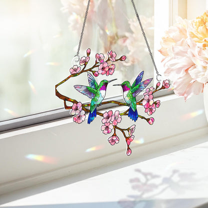 Hummingbird Couple Flower Stained Glass Suncatcher